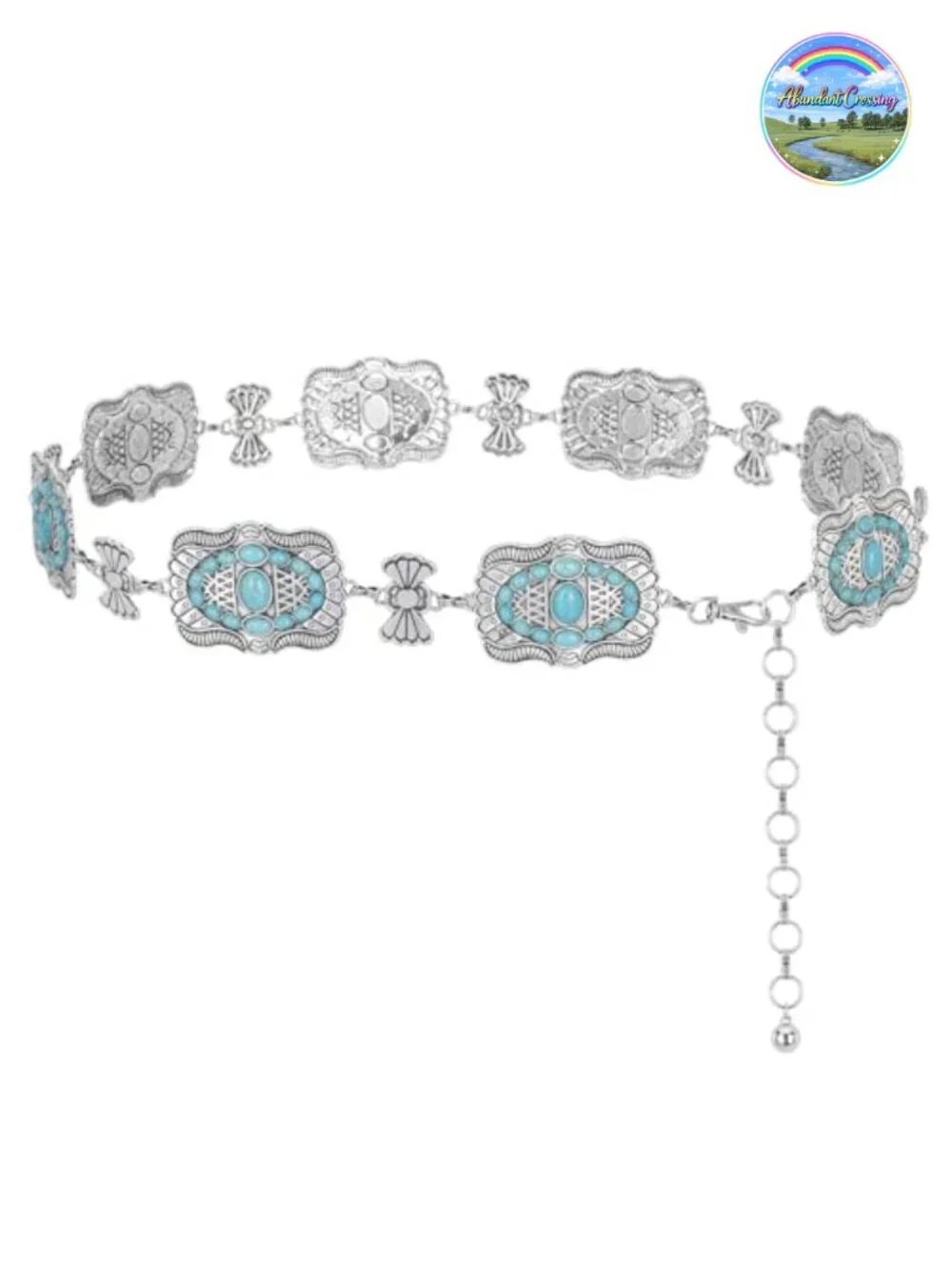 Turquoise Concho Chain Belt, Adjustable Round Link, Lobster Claw Clasp, Alloy